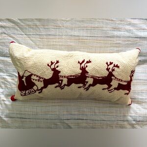 Pottery Barn Reindeer Sleigh Bell Crewel Embroidered Lumbar Pillow 24”x12”